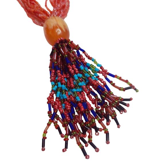 Women's Necklace Boho Bohemian Folk Orange Turquoise & Blue Seed Beaded Tassel - Picture 7 of 7